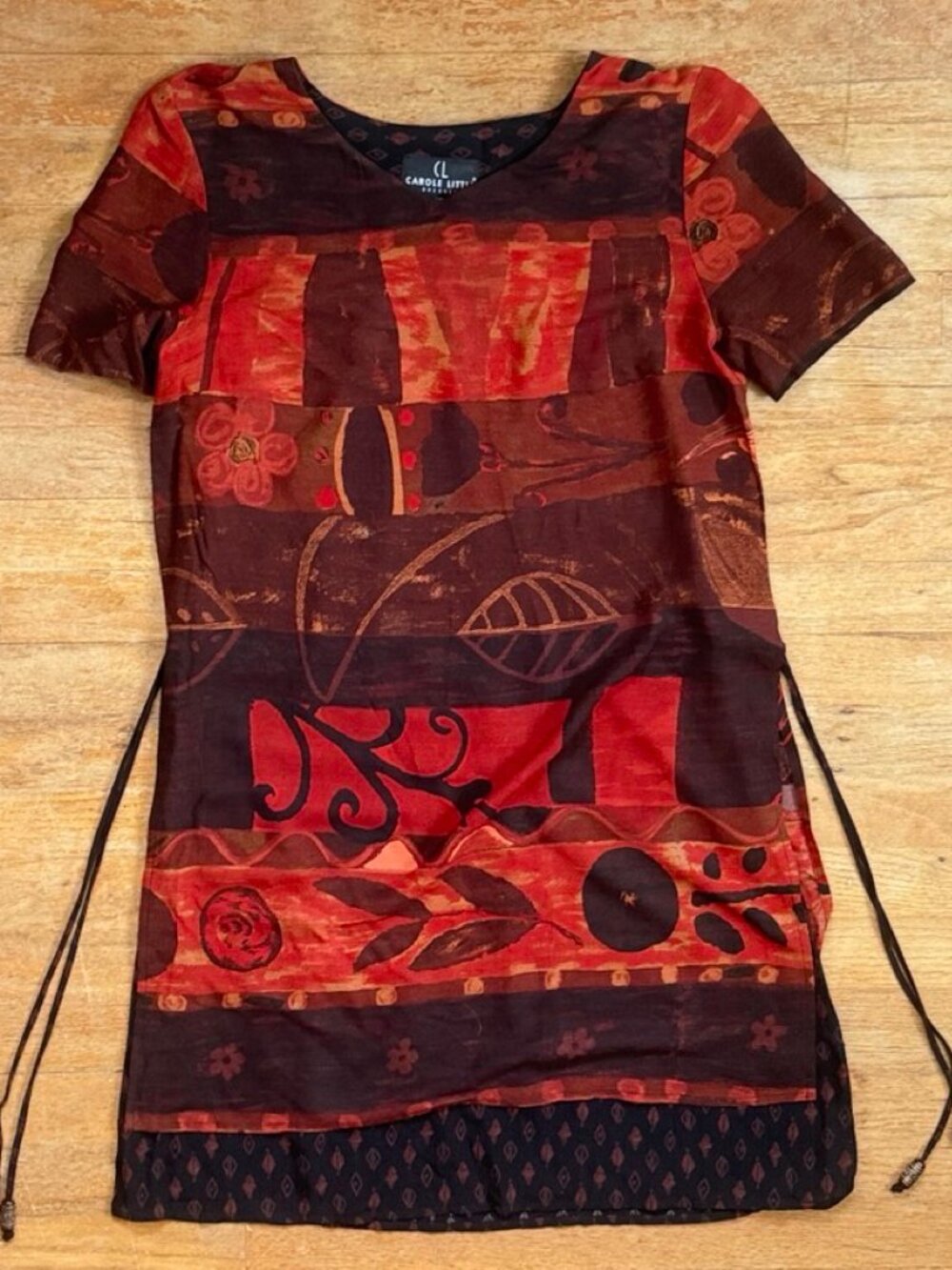 Vintage Carole Little Abstract Print Shift Dress Size Small 6 Layered Tie Waist